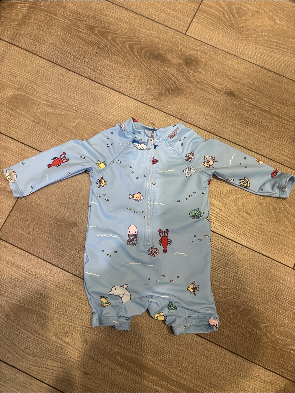Cotton On Baby 3-6 Months Light Blue Whale Print Swim Zip Romper